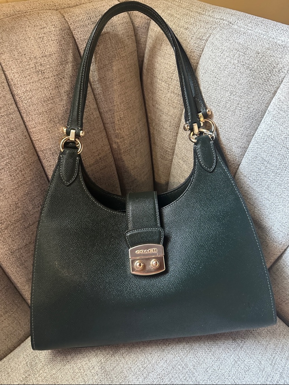 Coach Dark Green Leather Shoulder Bag with Gold Hardware